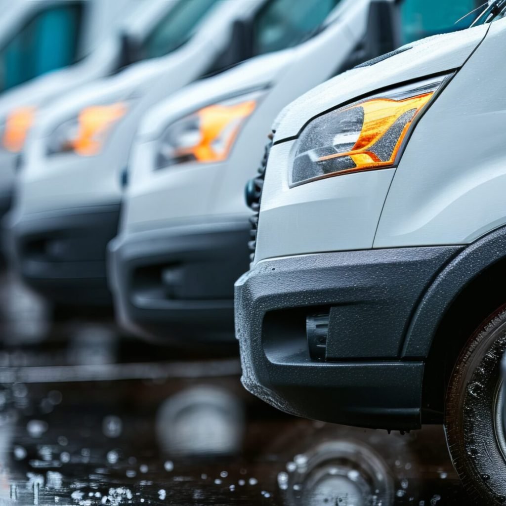 Row of white commercial delivery vans with copy space, transporting service company concept